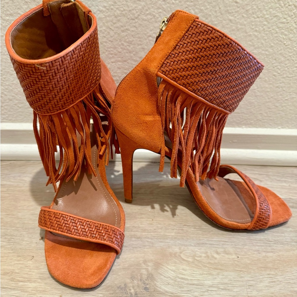 Orange Fringe Heels with Woven Texture